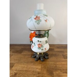 Vintage Milk‎ Glass Oil Lamp Hand Painted Floral Cottagecore Farmhouse Brass